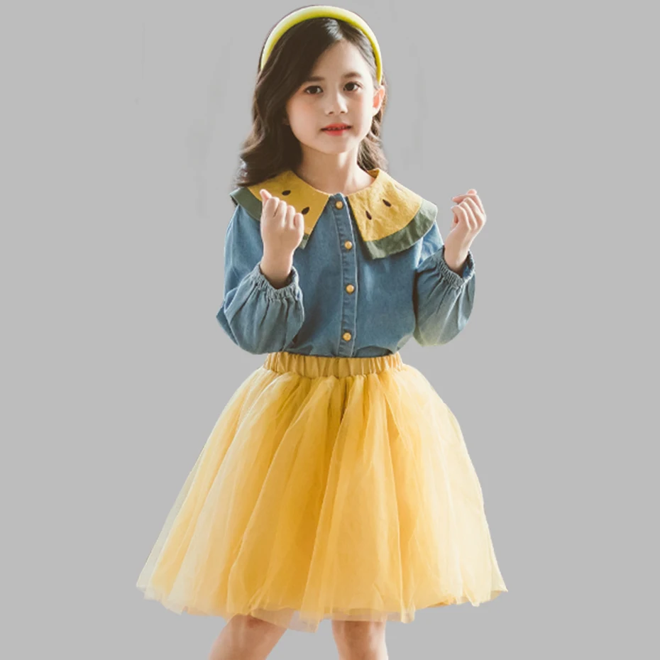 Детская одежда джинсовая Блузка + юбка в сеточку Одежда для девочек из 2 предметов