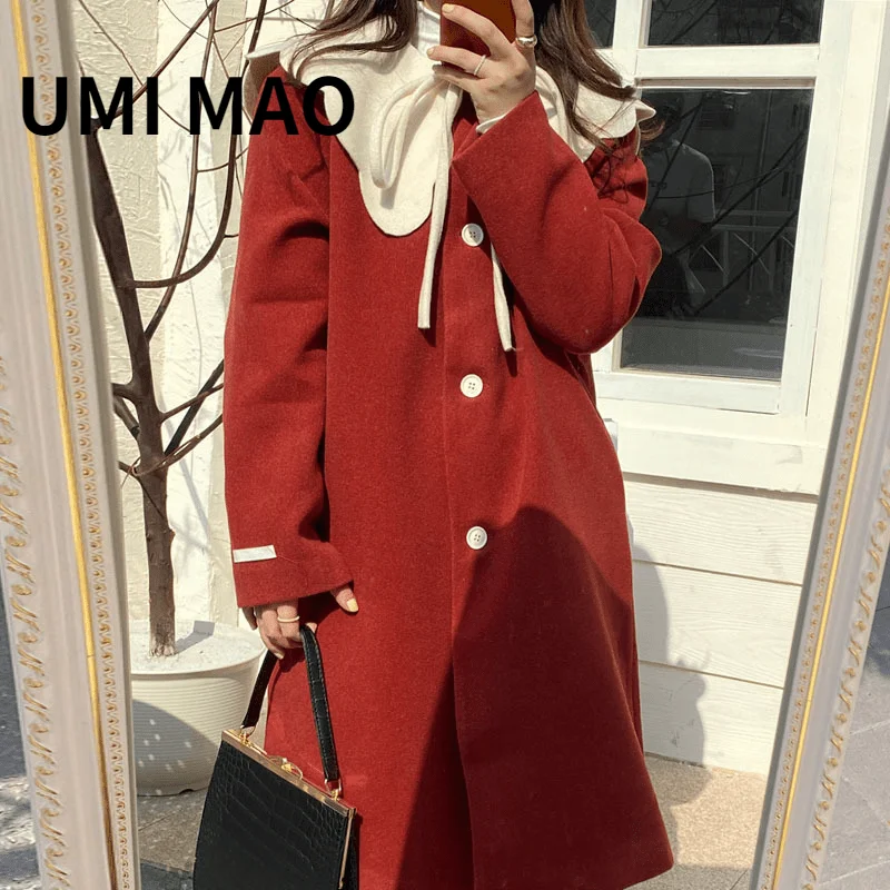 

UMI MAO Coats Woman Winter 2022 Women's Coat Red Woolen Jacket Clothes Long Butterfly Collar Korean Fashion Harajuku Femme Y2K