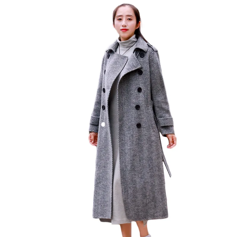 

2020 Korean version of herringbone pattern loose and comfortable non-cashmere double-sided woolen coat mid-length women's coat