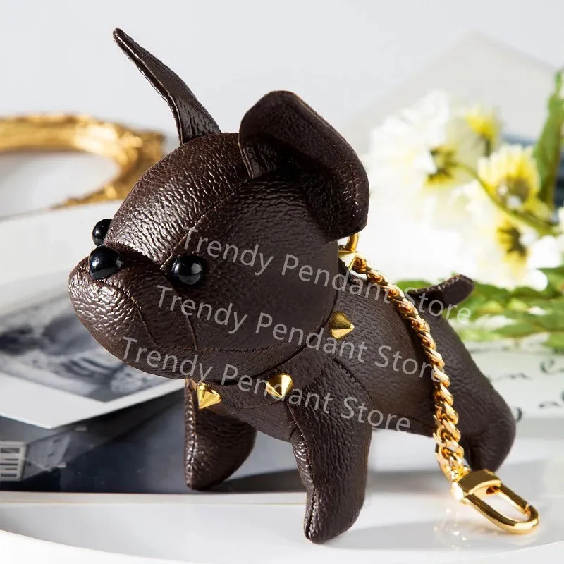 

Hot European And American Luxury Brown Old Fower Leather French Bulldog Keychain Fashion Bag Decoration Pendant Without Box