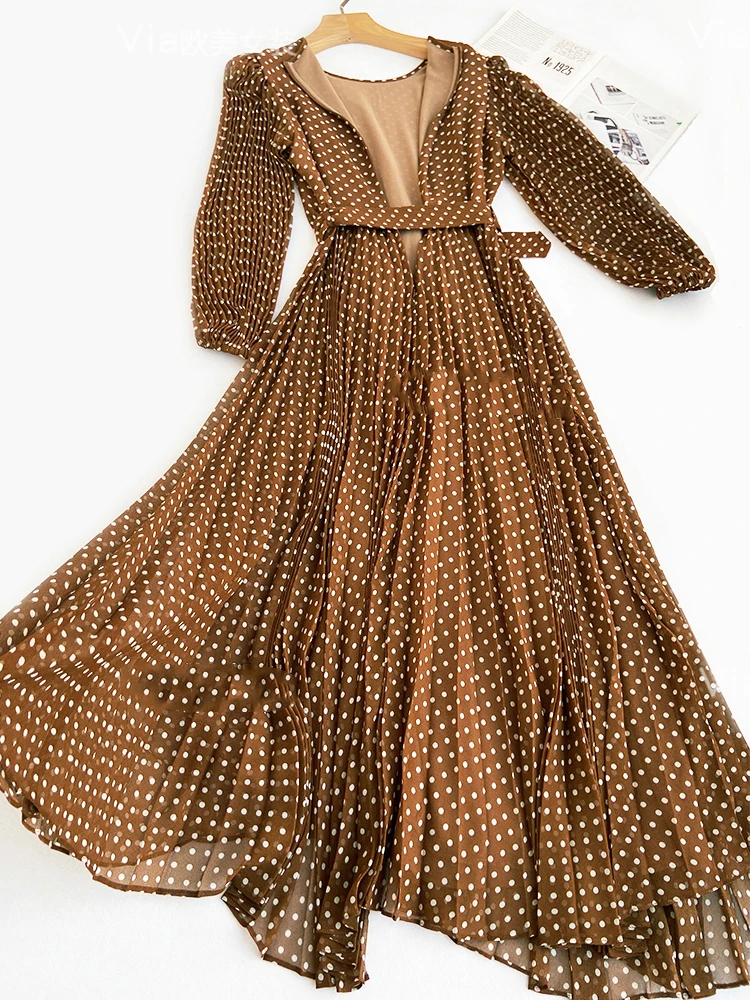 

Free shipping Retro Polka Dot Lantern Sleeve Bandage Waist Swing Wavy Pleated Dress Ladies Spring New Dot Long Sleeve Long