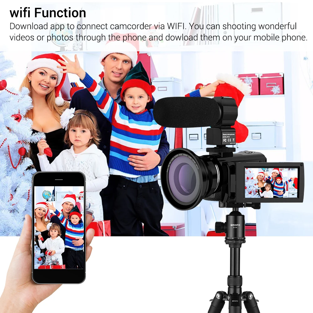 Andoer портативная 4K 48MP WiFi цифровая видеокамера с внешним микрофоном и
