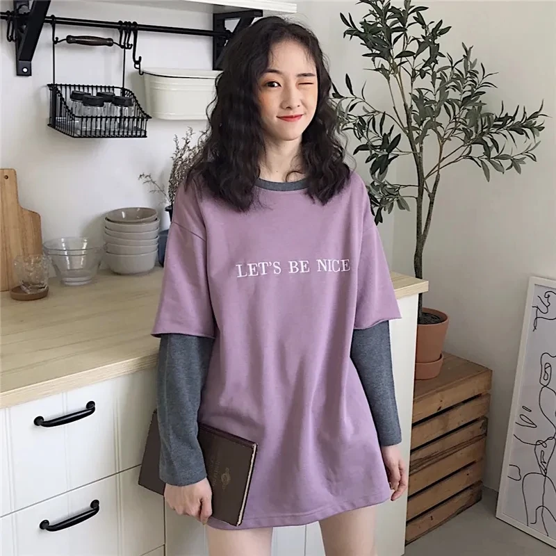 

Spring and autumn college wind t-shirt holiday two loose medium and long stitched long sleeve T-shirt women tops P3 519