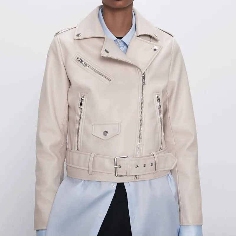 AORRYVLA 2020 Осенняя кожаная куртка женская из искусственной кожи с поясом бежевого и
