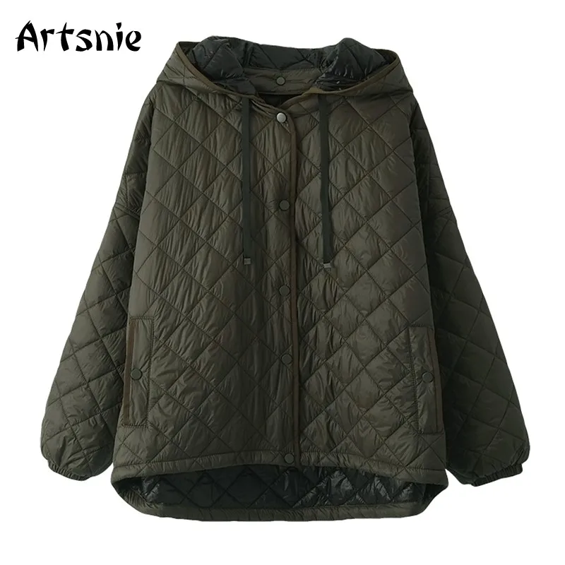 

Artsnie Winter Parkas Women Hooded Long Sleeve Oversized Jacket Coats Autumn Single Breasted Plaid Army Green Ladies Parkas Coat