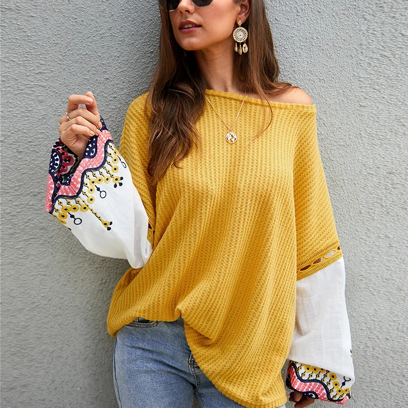 New ladies casual plus size sweater 8XL 7XL 6XL 5XL fashion knit stitching embroidery flower cuffs round neck bust 133CM | Женская