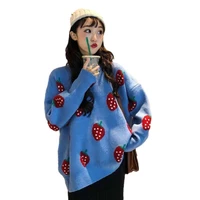 women oversized sweater pullovers o neck strawberry pattern printed pull jumpers long sleeve street knit tops