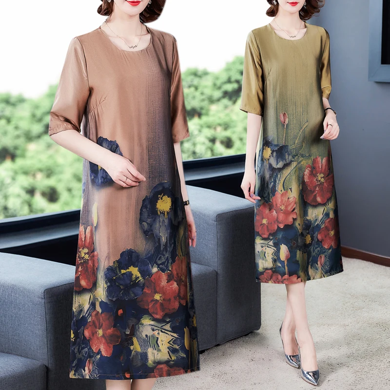 Банкет свободные шелковое платье с принтом коротким рукавом 2020 лето новый аромат
