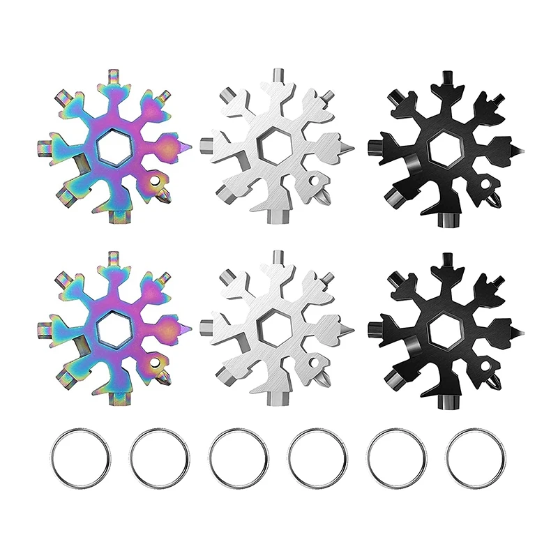 

6Pcs 18 In 1 Snowflake Multi Tool Portable Stainless Steel Wrench Bottle Opener Pocket Snowflake Keychain Tool