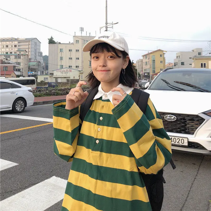 Футболки поло с воротником толстовки Женская толстовка в полоску Корейском