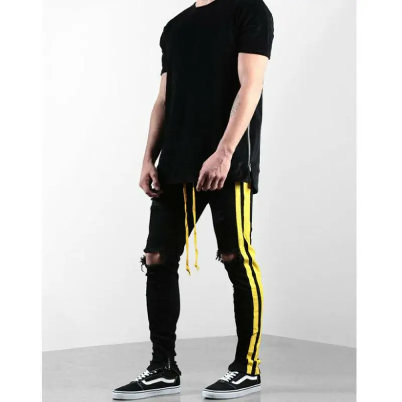 Men soft Pants Yellow striped rope Slim Jeans Stretch Frayed Destroyed Ripped Skinny Denim Trousers Biker Pantalon Homme | Мужская