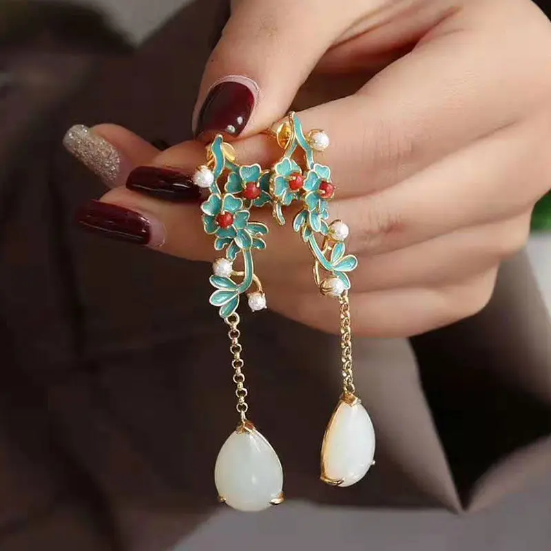 

Antique Earrings Earrings Hanfu Long Classical Court Chinese Style Ethnic Style Blue Jade Earrings Female Temperament Long