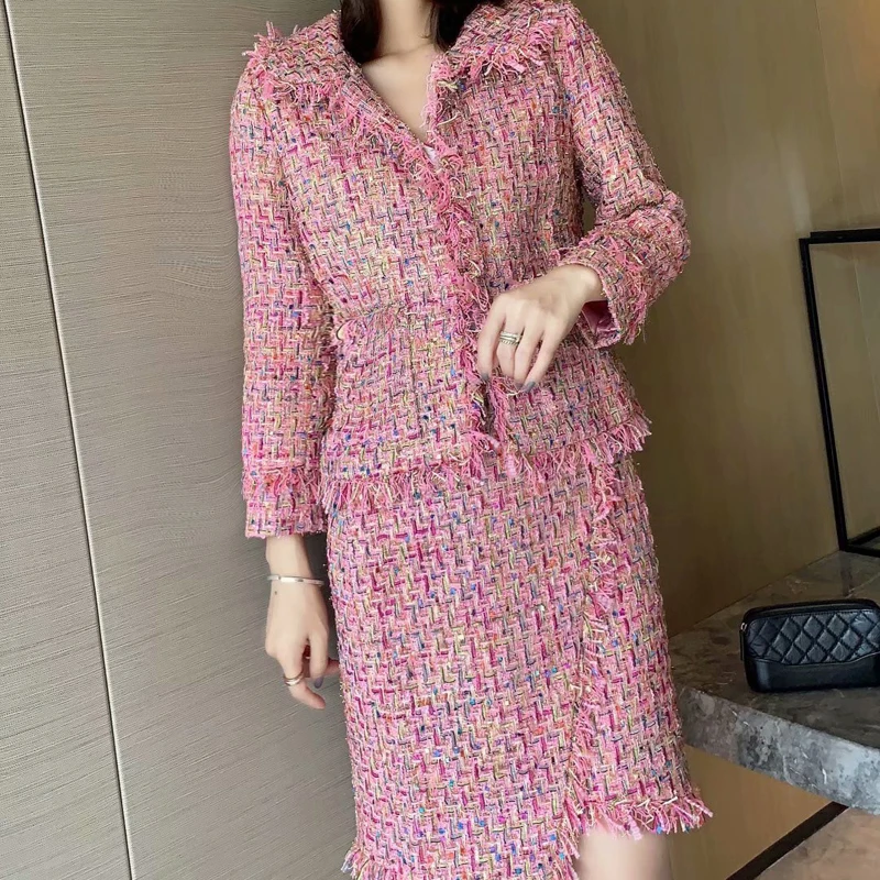 

Fall New Style Woolen Plaid Fringed Pocket Long Sleeve Coat Slim Fit Temperament Half Skirt Women'S Two-Piece Suit High Quality