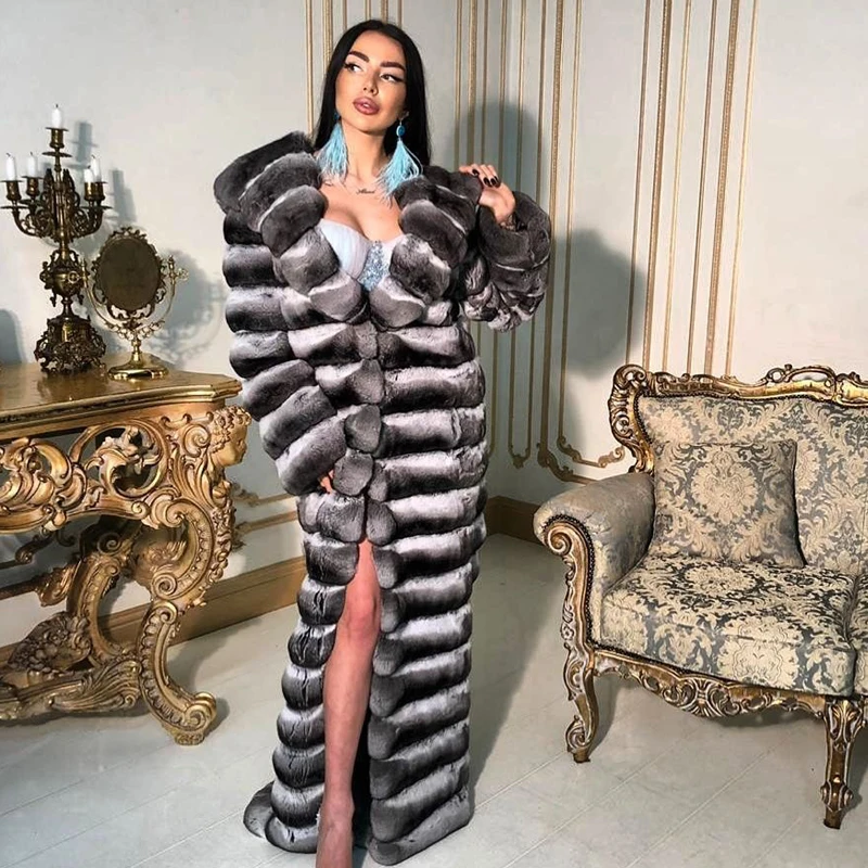 High Quality Real Fur Coat 2022 New Winter Whole Skin Genuine Chinchilla Color Rex Rabbit Fur Jacket Stand Collar Luxury Outwear