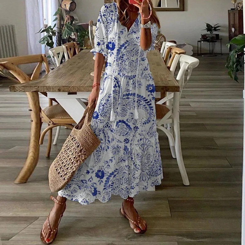 

Women Elegant V-Neck Summer Dresses Casual Short Sleeve Dresses Embroidered Slim Long Dress Vintage Drawstring Design Dress