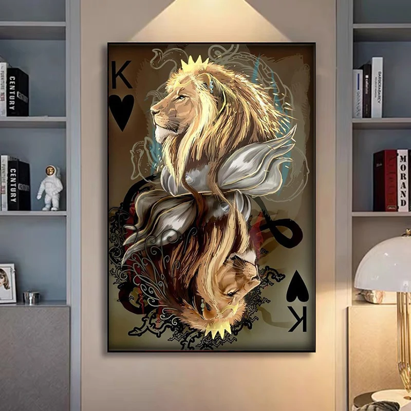 

Modern Abstract Animal Lion Poker Art Canvas Painting Classical Posters and Prints Wall Art Pictures for Living Room Home Decor