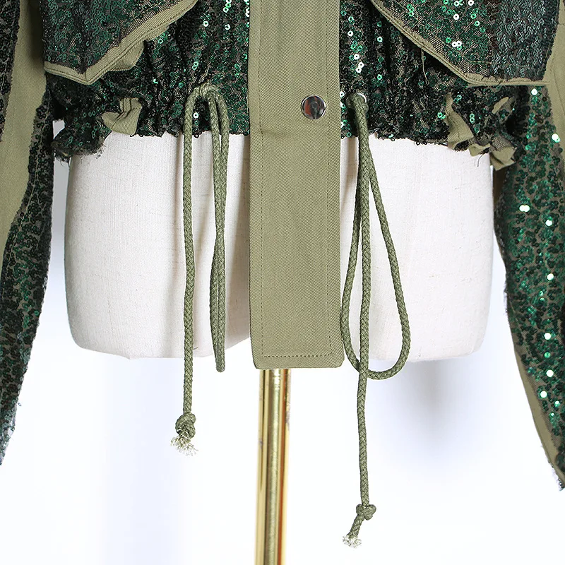 

Eliasha Ovesized Loose Bomber Jacket Women Vintage Parkas 2020 Long Sleeve Green Sequin Embroidered Pocket Autumn Coats Out Wear
