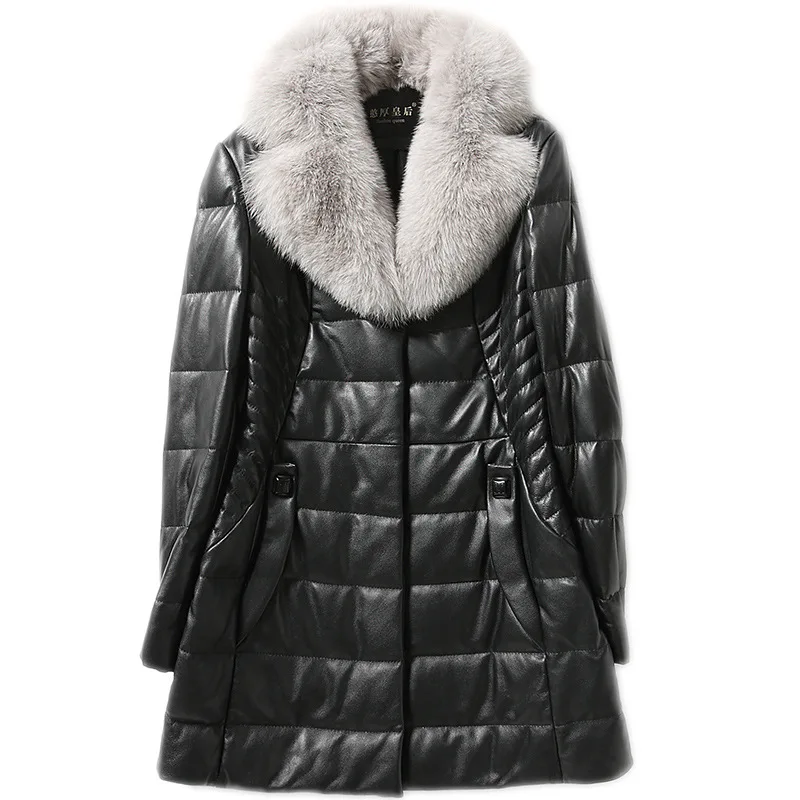 6XL Plus Size Genuine Leather Winter Fox Hair Fur Real Sheep Warm Down Coats Mid-Length Black Turn-down Collar Overcoats Jackets