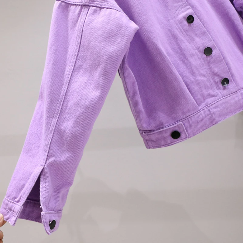 Весна-Осень 2020 Женские Модные фиолетовые розовые джинсовые куртки с вышитыми