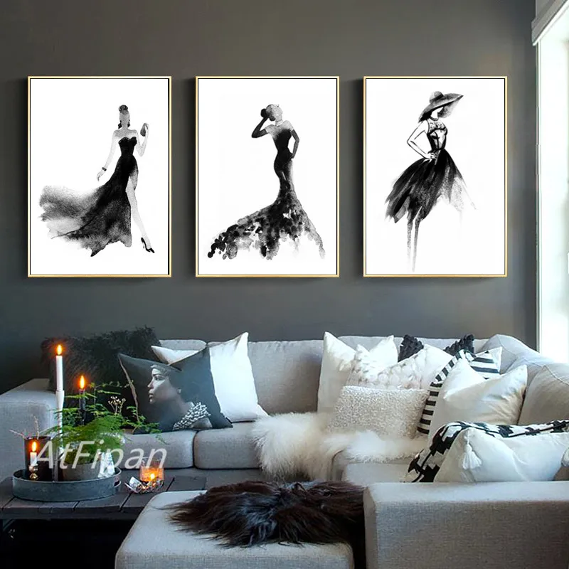 Черно белый модный красивый женский постер элегантная холщовая картина для