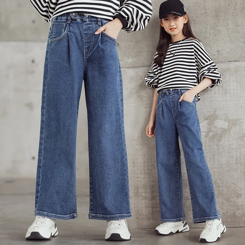 

Girls Jeans Children Clothes Wide Leg Denim Pants Blue Casual Kids Trousers 2021 Autumn Teenage Fashion Straight Pants