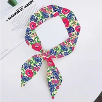 Retro Colorful Floral Print Variety Bag Handle Tied Small Silk Scarf Women Twill Skinny Scarves