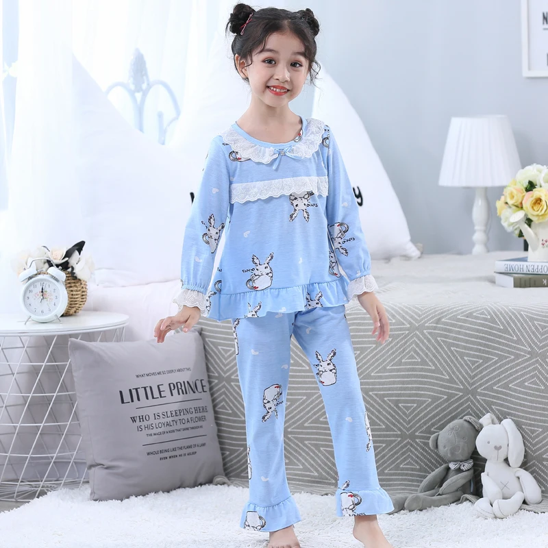 Детская Хлопковая пижама с длинными рукавами и рисунком осенняя синяя в виде