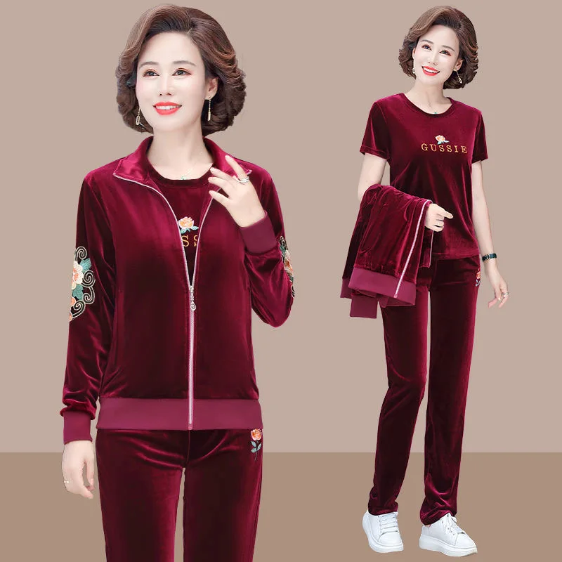 

Женский бархатный Комплект из трех предметов, элегантная юбка на молнии с цветочной вышивкой и надписью, футболка с коротким рукавом и брюк...