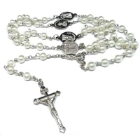 religious holy cards 6mm glass pearls rosary beads curved needle crucifix necklaces as gifts for both men and women can prayers