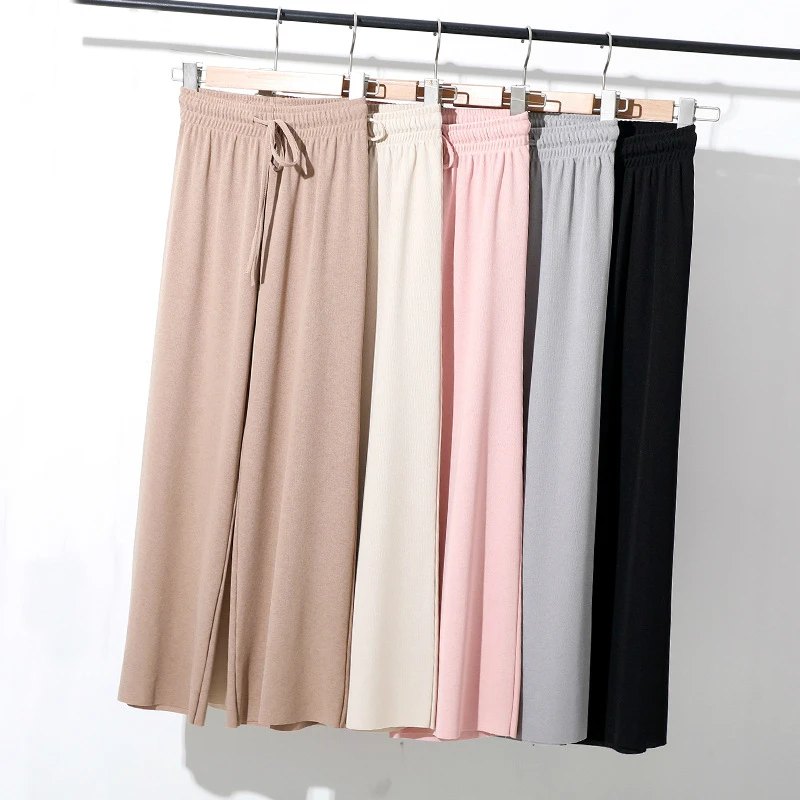 

Women Summer Ice-silk broad-legged trousers Khaki Loose Ankle Length Pants Casual Elastic Waist High Waist Straight Trousers