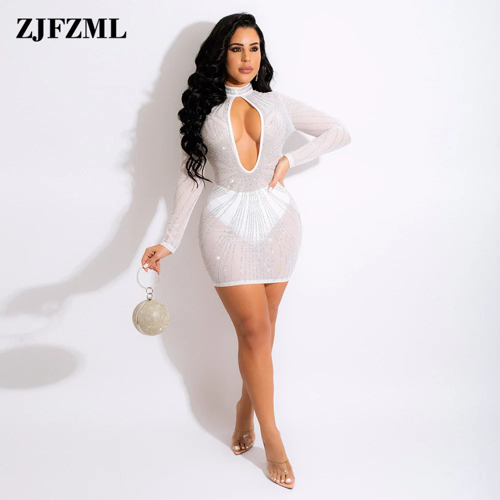

Chic Women's Sparkly Hot Drill Party Dresses Sexy White High Collar Long Sleeve Pencil Dress Fashion Black See Through Vestidos
