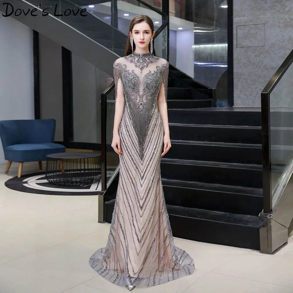 

Champagne Gray Luxury Beading Crystal Mermaid Evening Dresses 2020 vintage Women Formal Party Long Prom Gowns vestido de festa