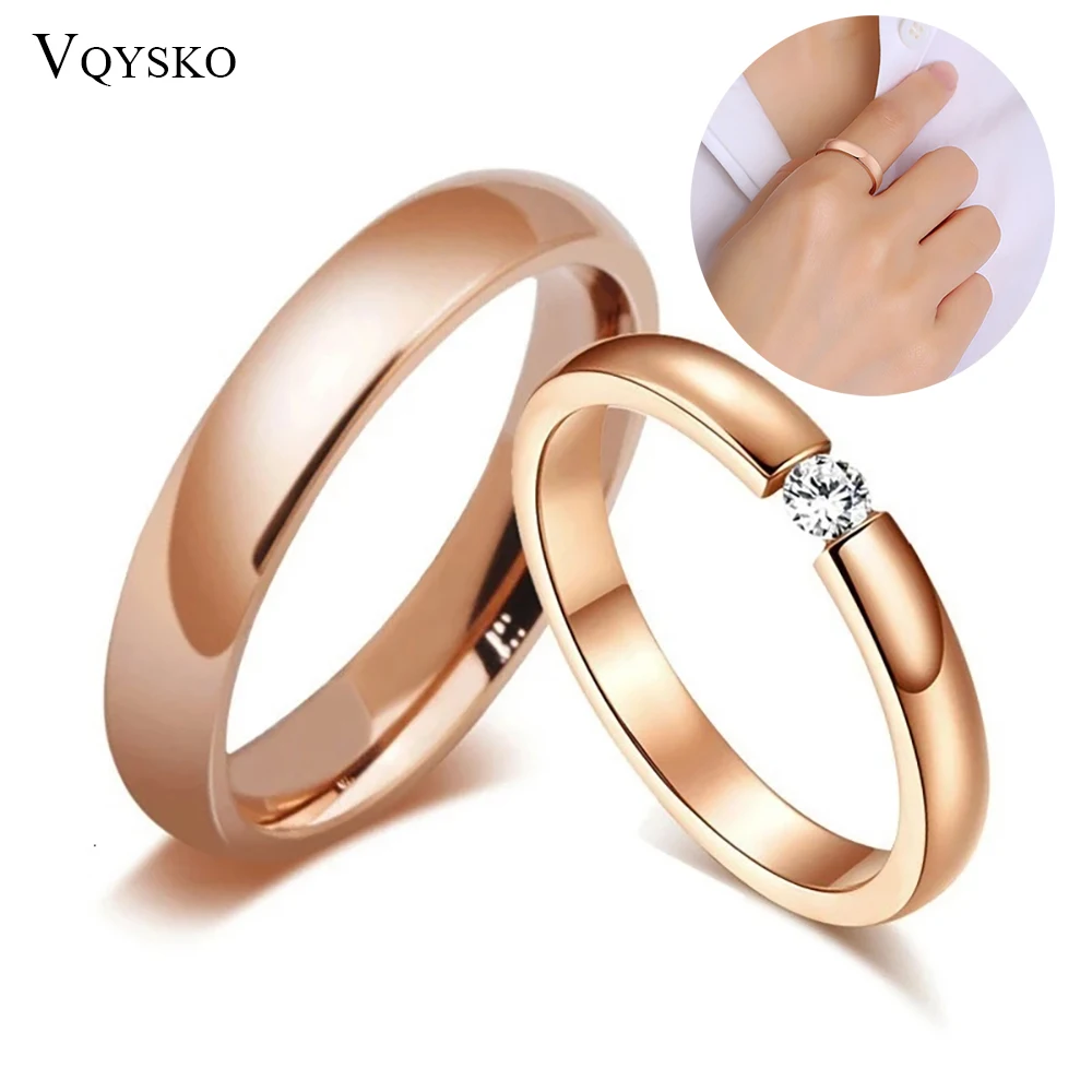

Trendy Rose Gold Tone Engagement Couple Rings for Lovers Stainless Steel with CZ Stone Men Women Wedding Jewelry Bands Wholesale