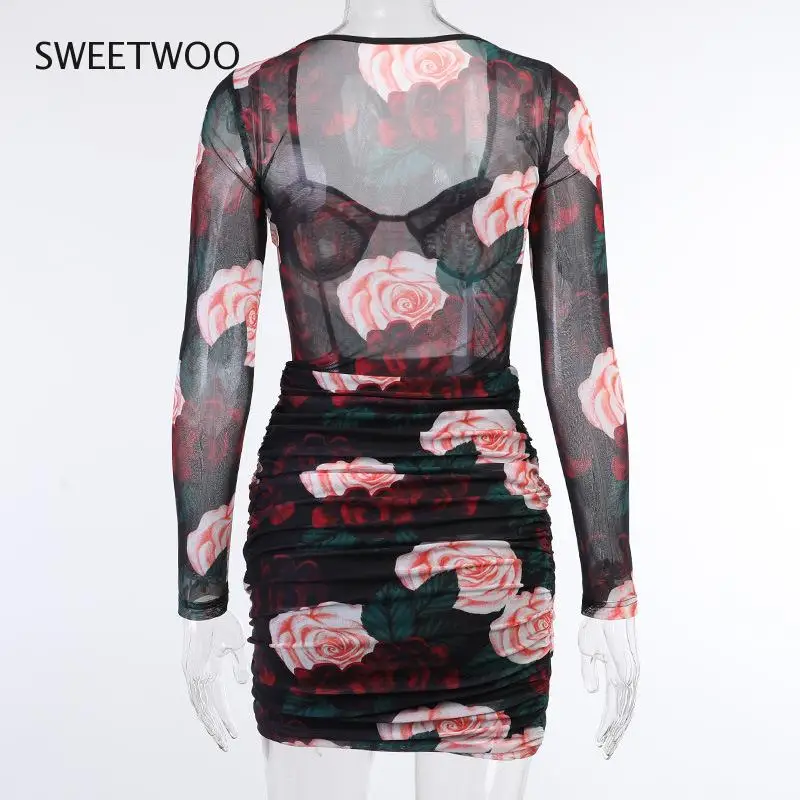 

Floral Print Mesh Sexy Women Dress Spring New See Through Mini Dresses Elegant Ladies Ruched Party