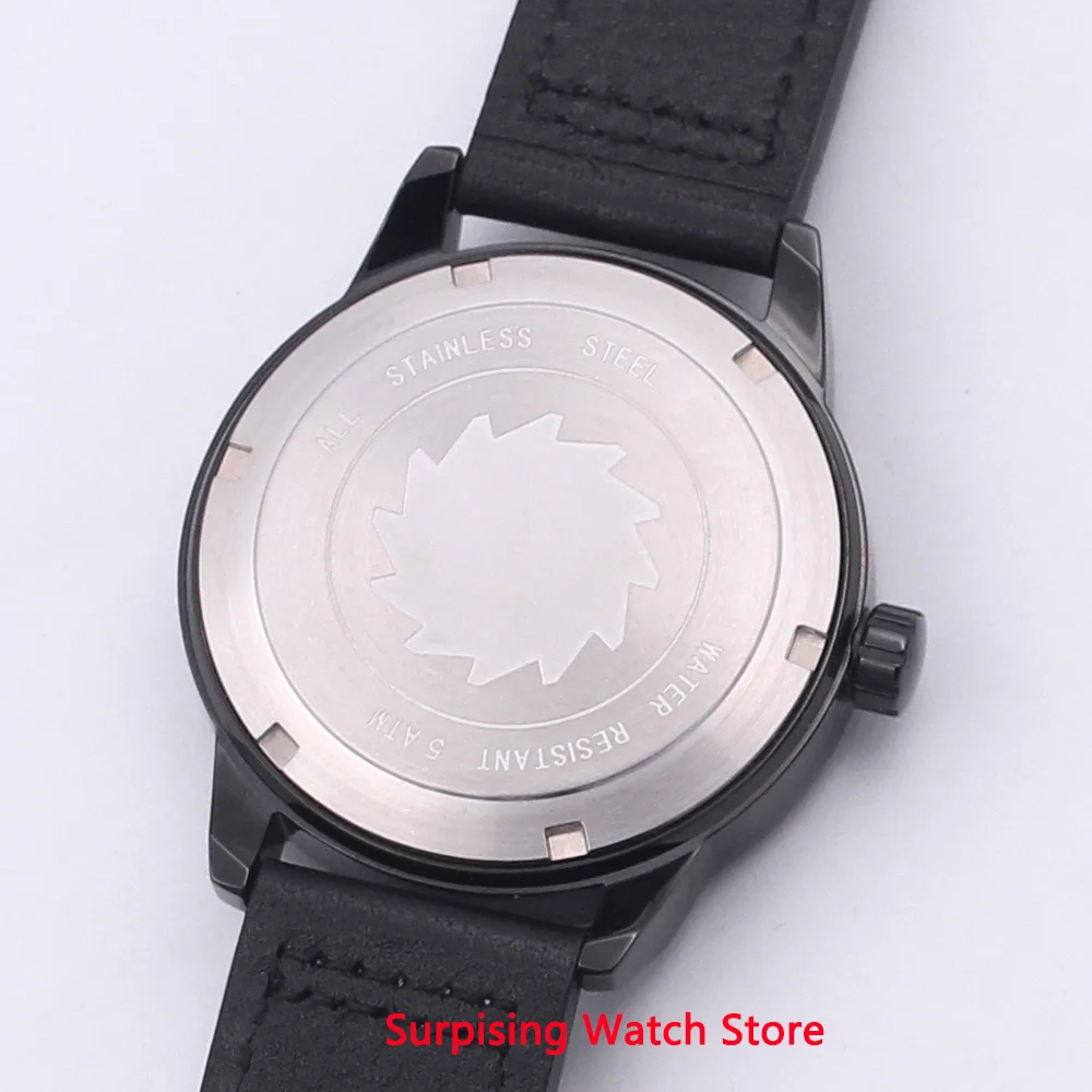 

Corgeut 41mm Black Dial Automatic Mechanical Mens Watch Luminous Waterproof Calendar Sapphire Leather Strap Wristwatch Men