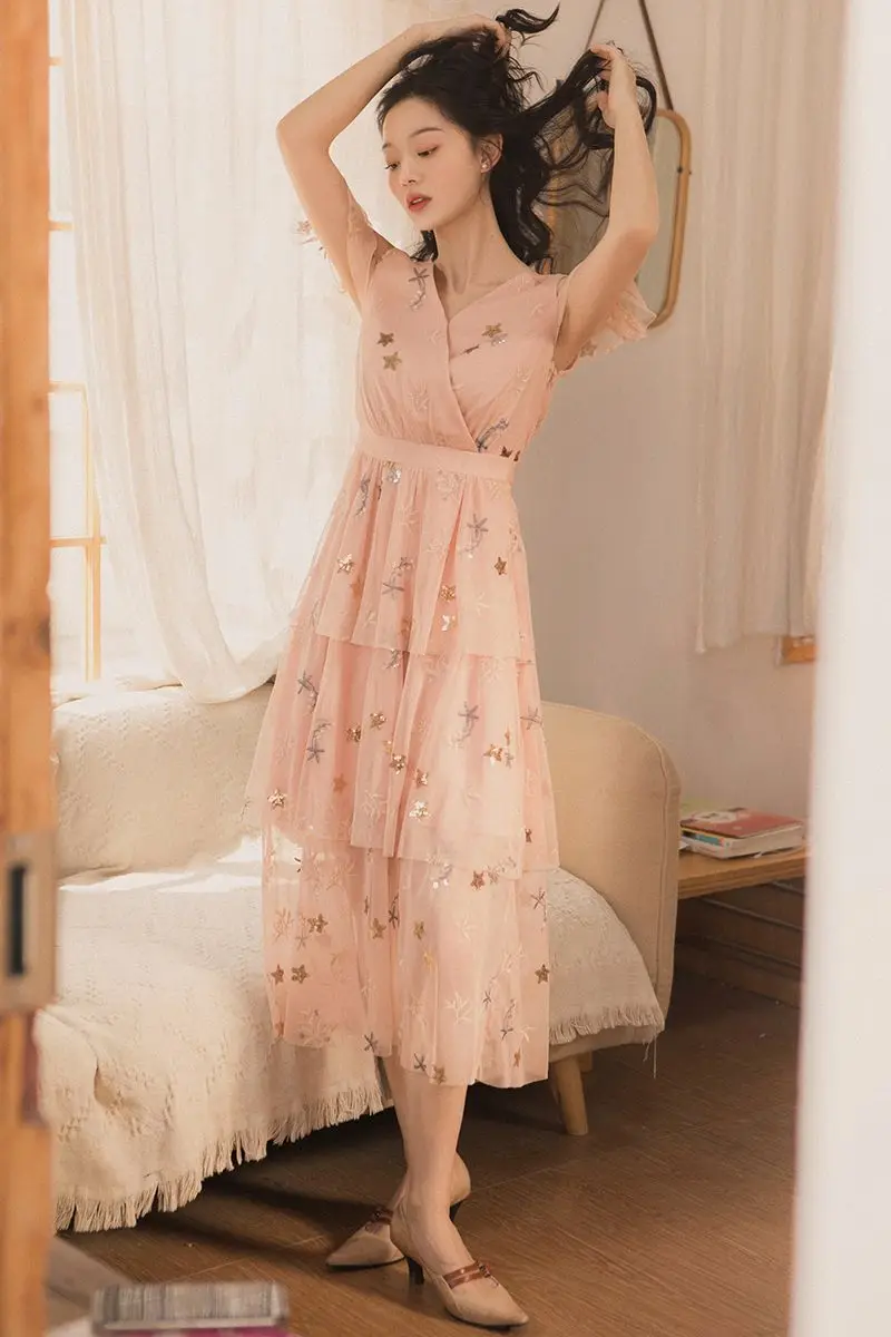 

Women dress Embroidery French Stars Cake Dresses Pink Yellow 8083