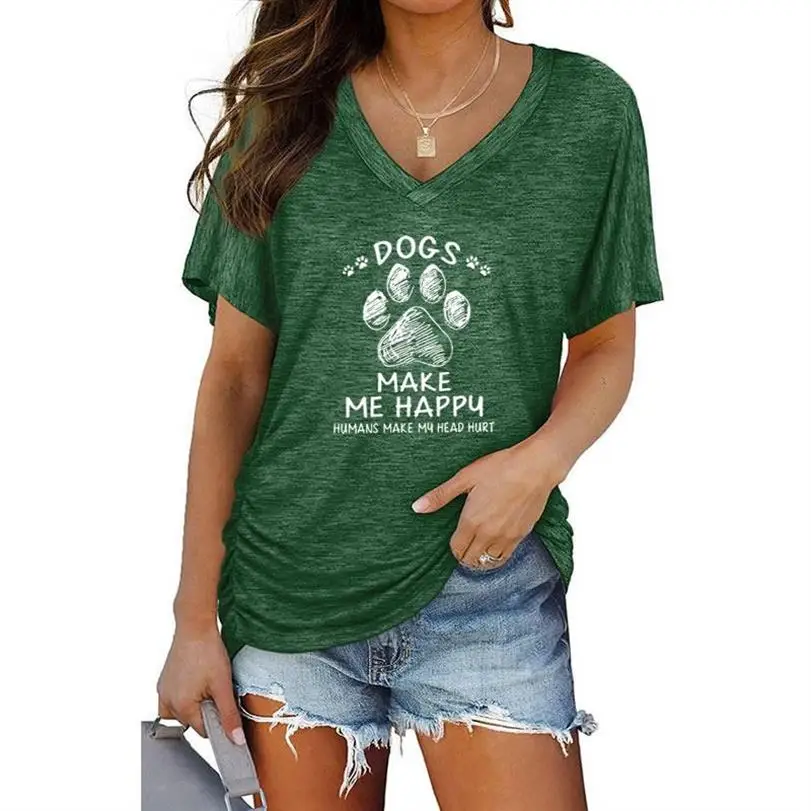 

Summer Batwing Sleeve Short Sleeve T-Shirt Dogs Make Me Happy Letters Dog Paw Print T-shirt Women V-Neck Loose Casual Tops Tees