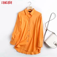 tangada women orange cotton linen oversized long shirt blouse chic female casual loose shirt blusas femininas 4c113