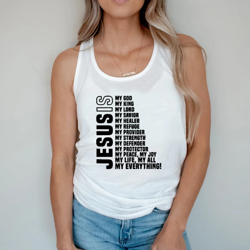 

Jesus Is My God Everything Funny Letters Printed Women Tanks Top Cotton Plus Size Boho Christian Religious Tops Dropshipping