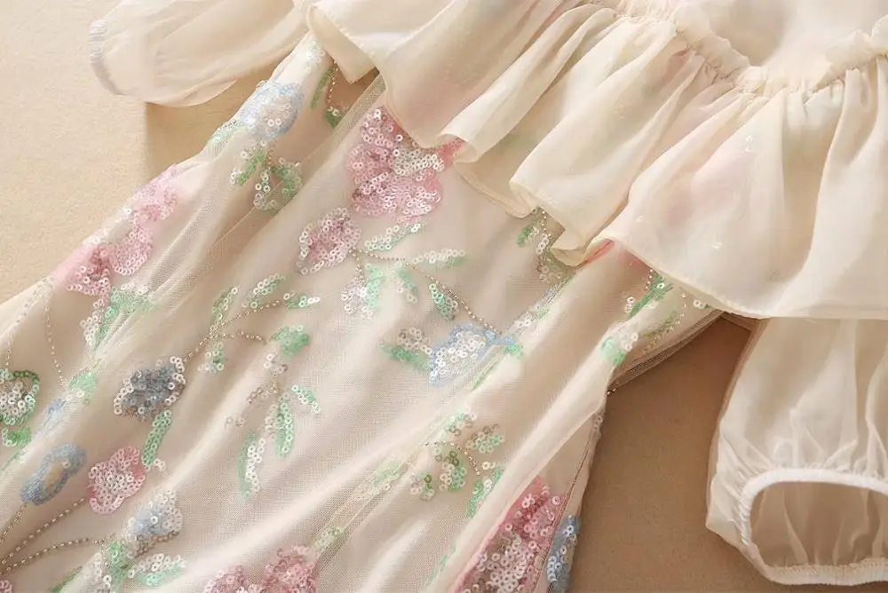 

European and American women's clothing 2021 The new spring Five-point sleeve collar flounces Fashion sequined dresses