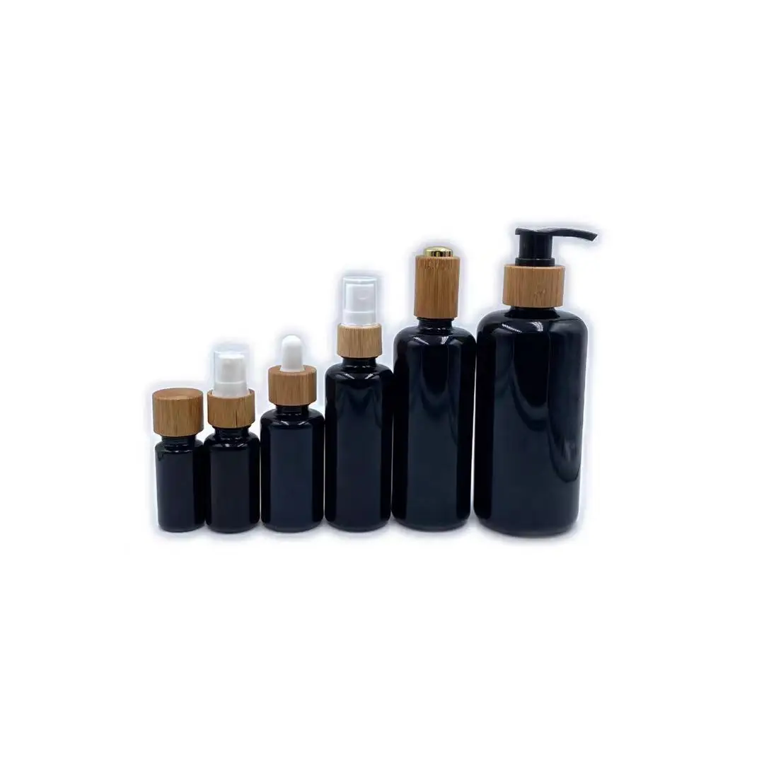 

Bamboo perfume lids toner10ml 15ml 30ml 50ml 100ml Black Shiny glass dropper bottles essential oil bottle for cosmetic packaging