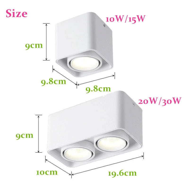 Luces descendentes de LED regulable COB cuadradas, 10W, 15W, 20W, 30W, foco de lámparas de techo LED montado en superficie, AC85V-265V, 1 uds.
