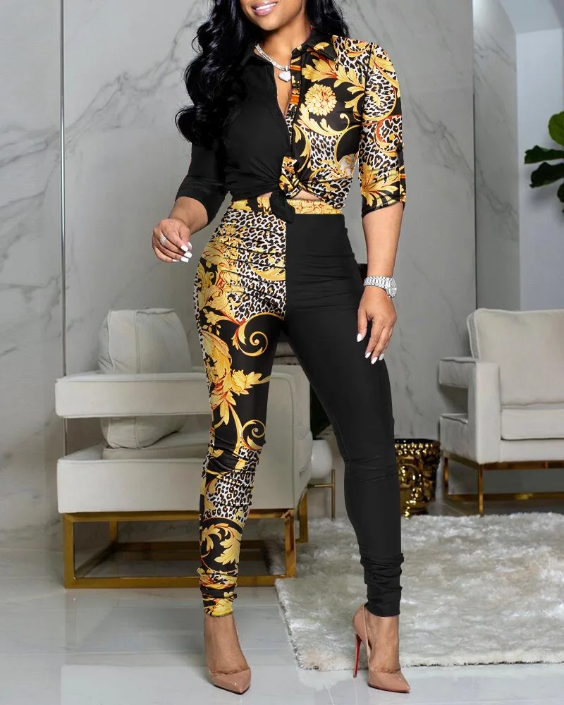 

Baroque Print Colorblock Knot Front Buttoned Top & High Waist Pants Set