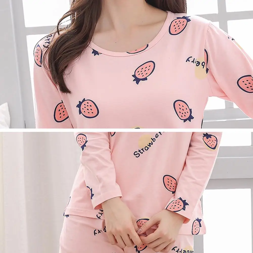 

Women Casual Pajamas Sets Pink O Neck Strawberry Heart Print Top Long Pant Thin Sleepwear Set Spring Autumn Home Suit