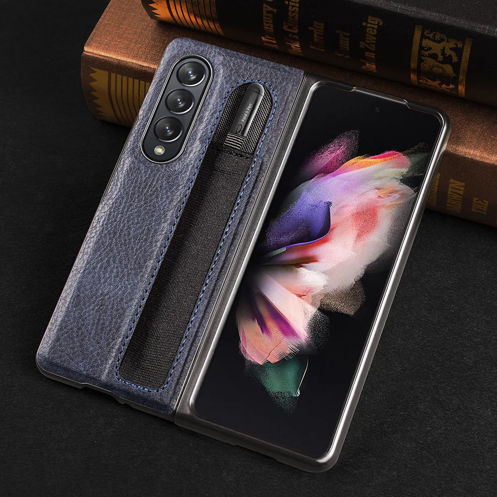 Fashion Leather Lychee pattern Pencil Pen slot case for Samsung Galaxy Z Fold 3 PC Cover Anti-knock luxury Cases for Fold3 F9260