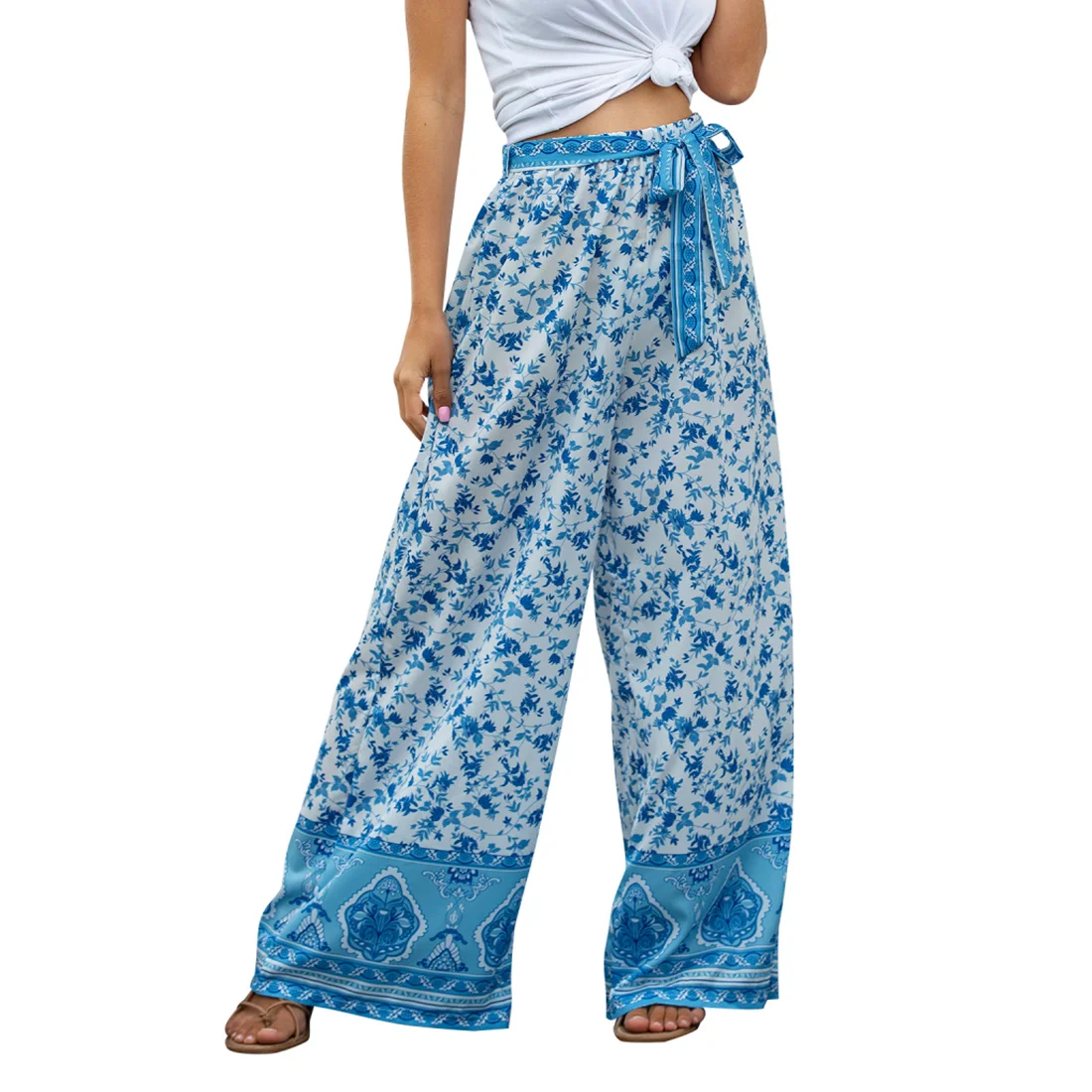 

2021 fashion Women Bohemian Floral Print Long Pants 2020 Mid Waist Vintage Pants Elastic Waist Boho Beach Trousers Plus Size