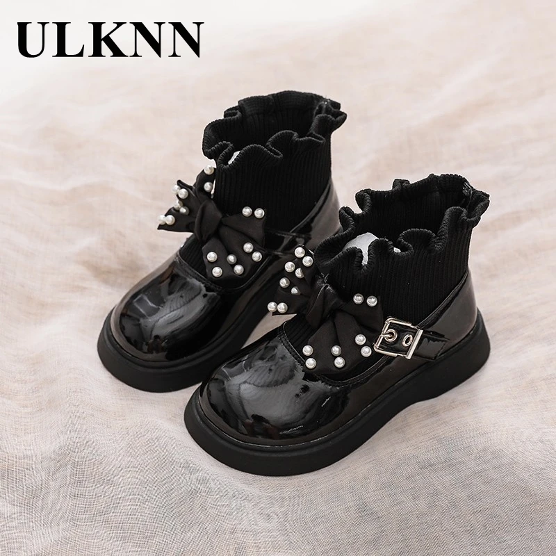 

ULKNN Children's Winter Knitting Boots Baby Girl Leather Shoes Kids Fashion Boots Pearl Bow Princess Shoes Of Teen Girl 4-12Y