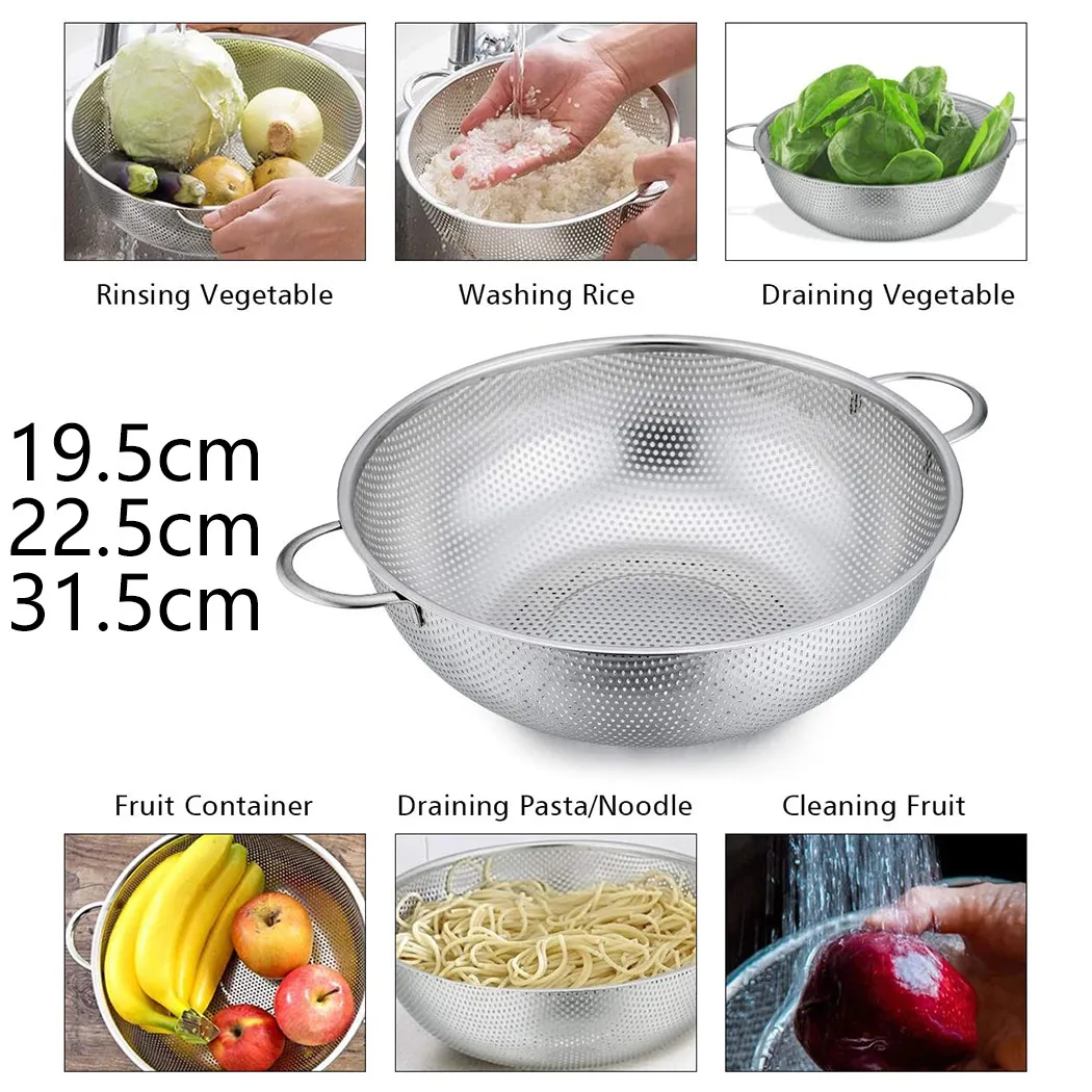 

Stainless Steel Colanders Strainers Fruit Basket Rice Vegetable Washing Filter Kitchen Tools Gadgets Dense Hole Drain Basket