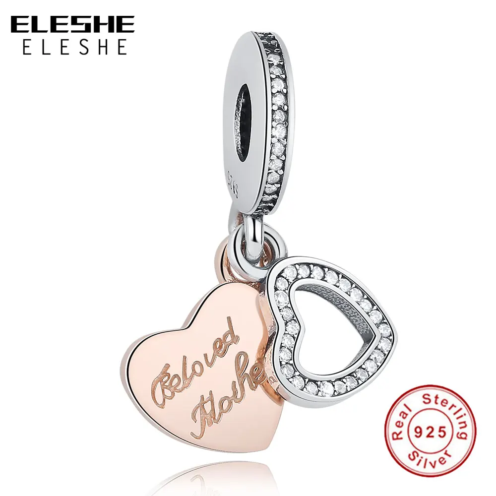 100% стерлингового серебра розовое Золотое любовное сердце кулон шарма бусины