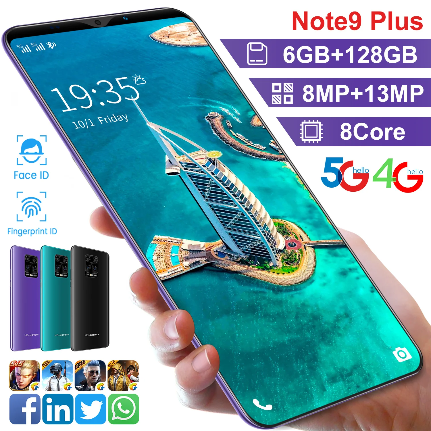 

Note9 plus Smartphone Android MT6763 6GB+128GB 8MP+13MP Unlocked Cell Phones Face Unlock Dual SIM Ultra-thin Featured Phone